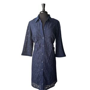 Lane Bryant Navy Blue Floral Cotton Lace 3/4 Sleeve Button Front Dress